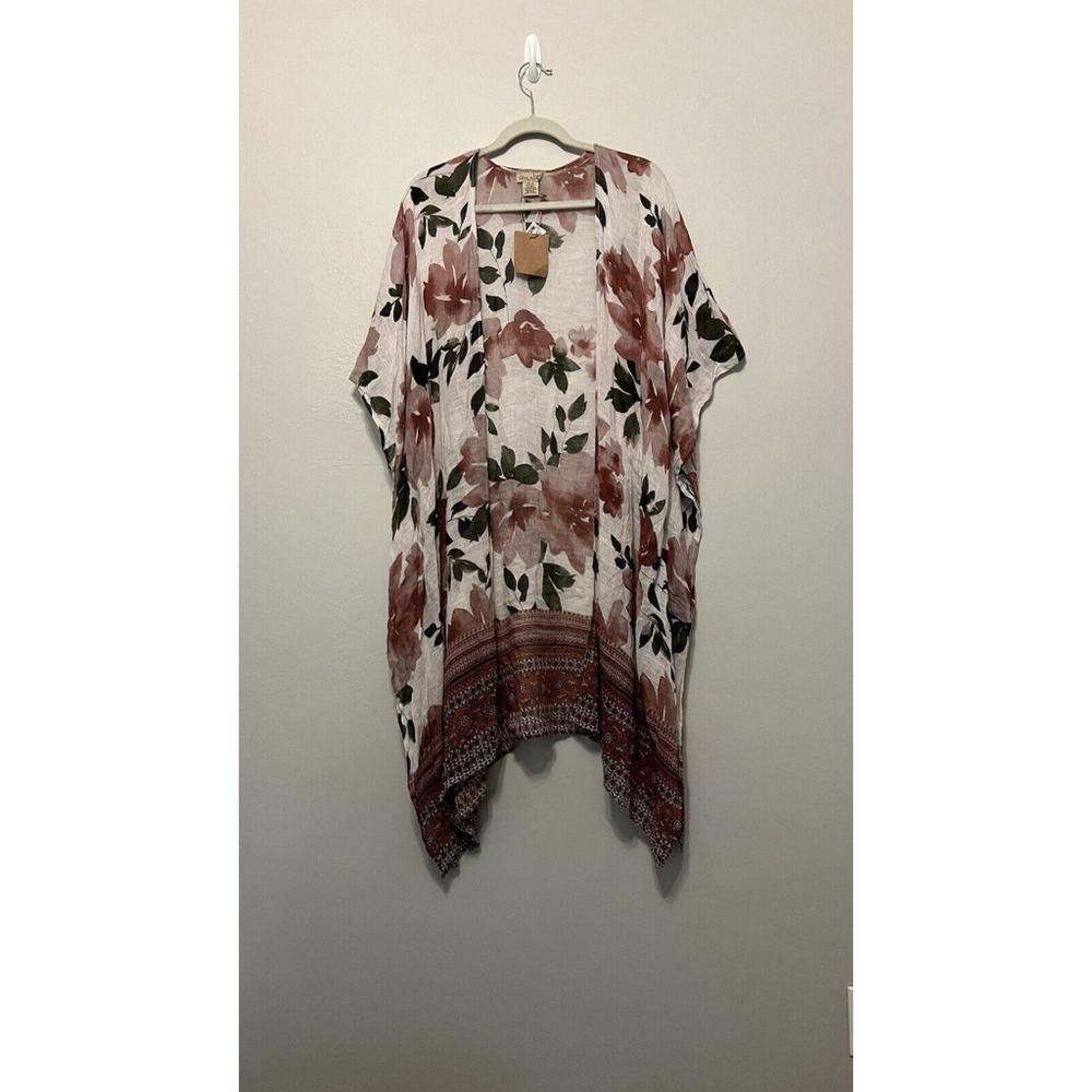 Nalini Women Gauzy Burgundy Blush Romantic‎ Floral Kimono Boho Coverup Rayon OS